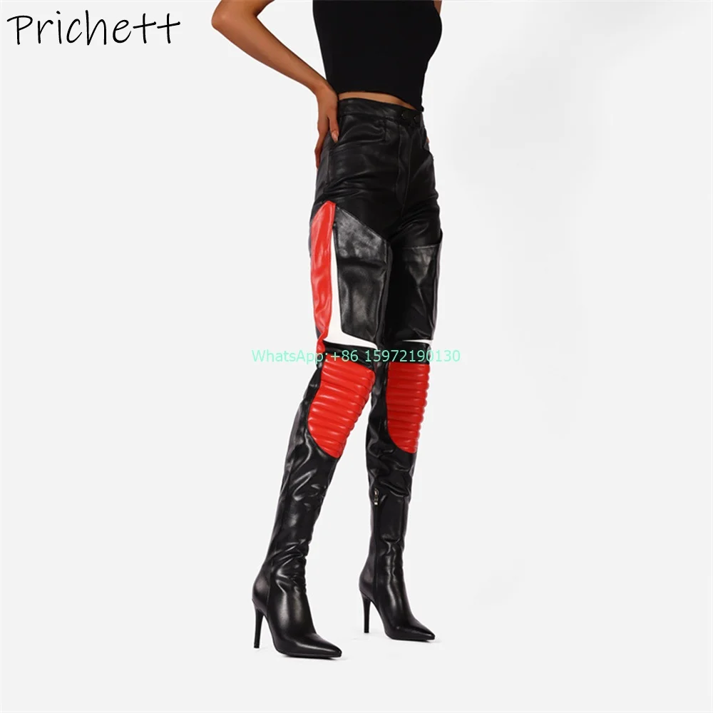 Patchwork Thigh High Boots Black Red Pointy Toe Thin Heels Side Zipper Winter Shoes Sports Style Street Photo Stiletto Shoes