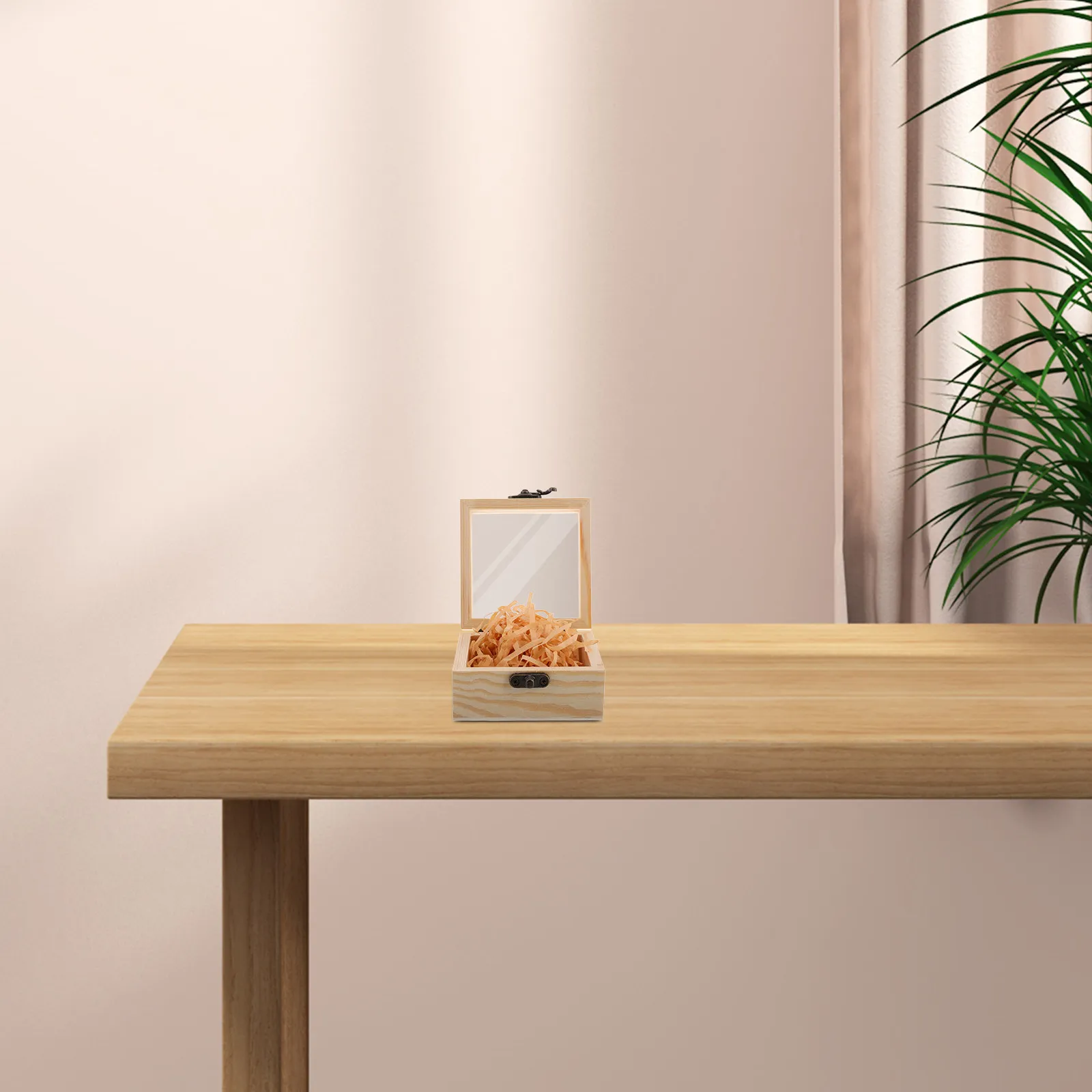 Wooden Jewelry Box Vintage Style Flip Lid Transparent Glass Display Box with Raffia Grass Rustic Decorative Storage for Trinkets