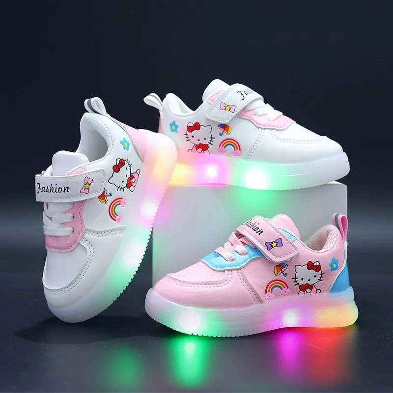 LED Kids Shoes for Girls Cute Cartoon Hello Kitty Shoes Baby Girl Kawaii Canvas Anime Shoes Children Soft Bottom Sneakers Casual