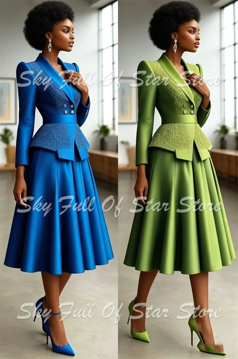 Women Suit Set 2 Pcs Jacquard Peplum Waist Blazer+Midi Satin Skirt Custom Formal Evening Wedding Party Lady Jacket Multi Colors