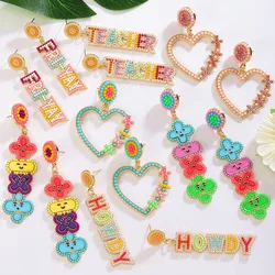 Vedawas Boho Handmade Beaded Rhinestones Teachers' Day Earrings,Cute Heart Symbol TEACHER HOWDY Letter Women's Accessories