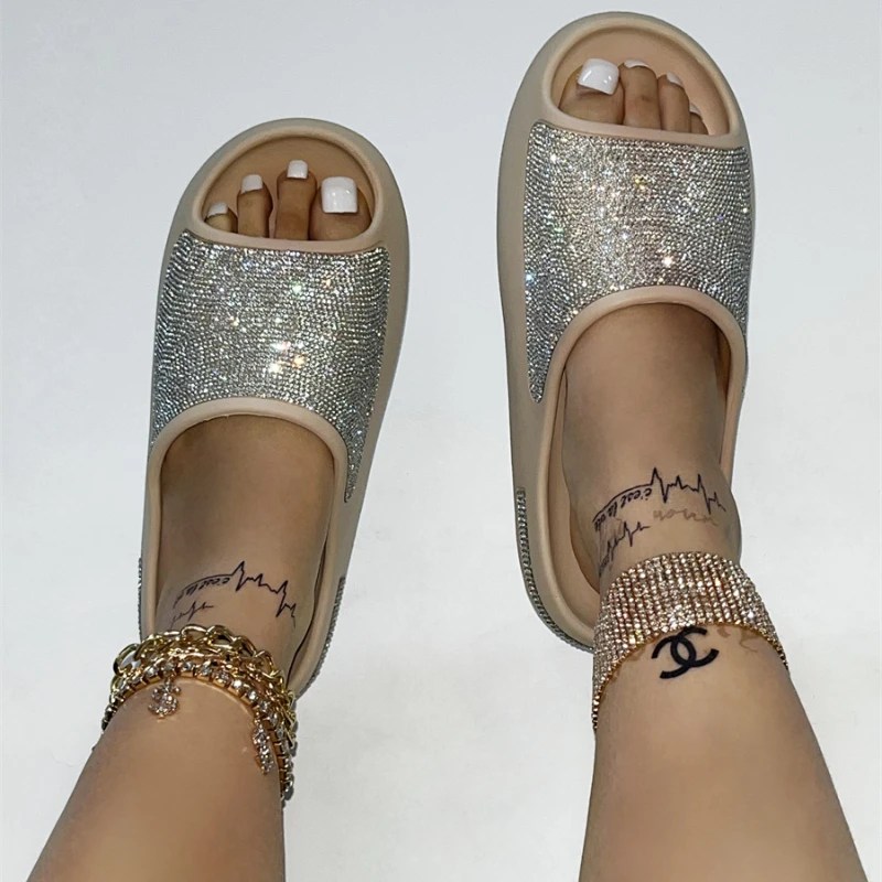 Slippers Women Slides Fashion Platform Rhinestone Decor Slide Sandals Outdoor Non-slip Beach Sandals 2023 Summer New Women