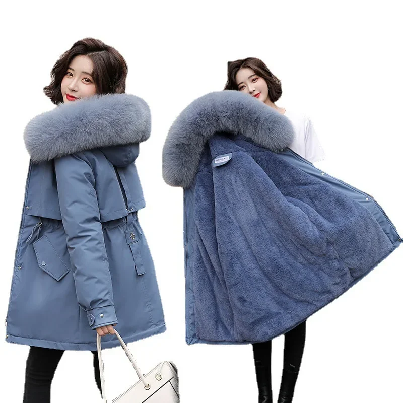 Women Parka Fashion Long Coat Winter Thick Warm Hooded Jacket Fur Collar Snow Wear Padded Wool Liner Casual Belt Slim Clothes