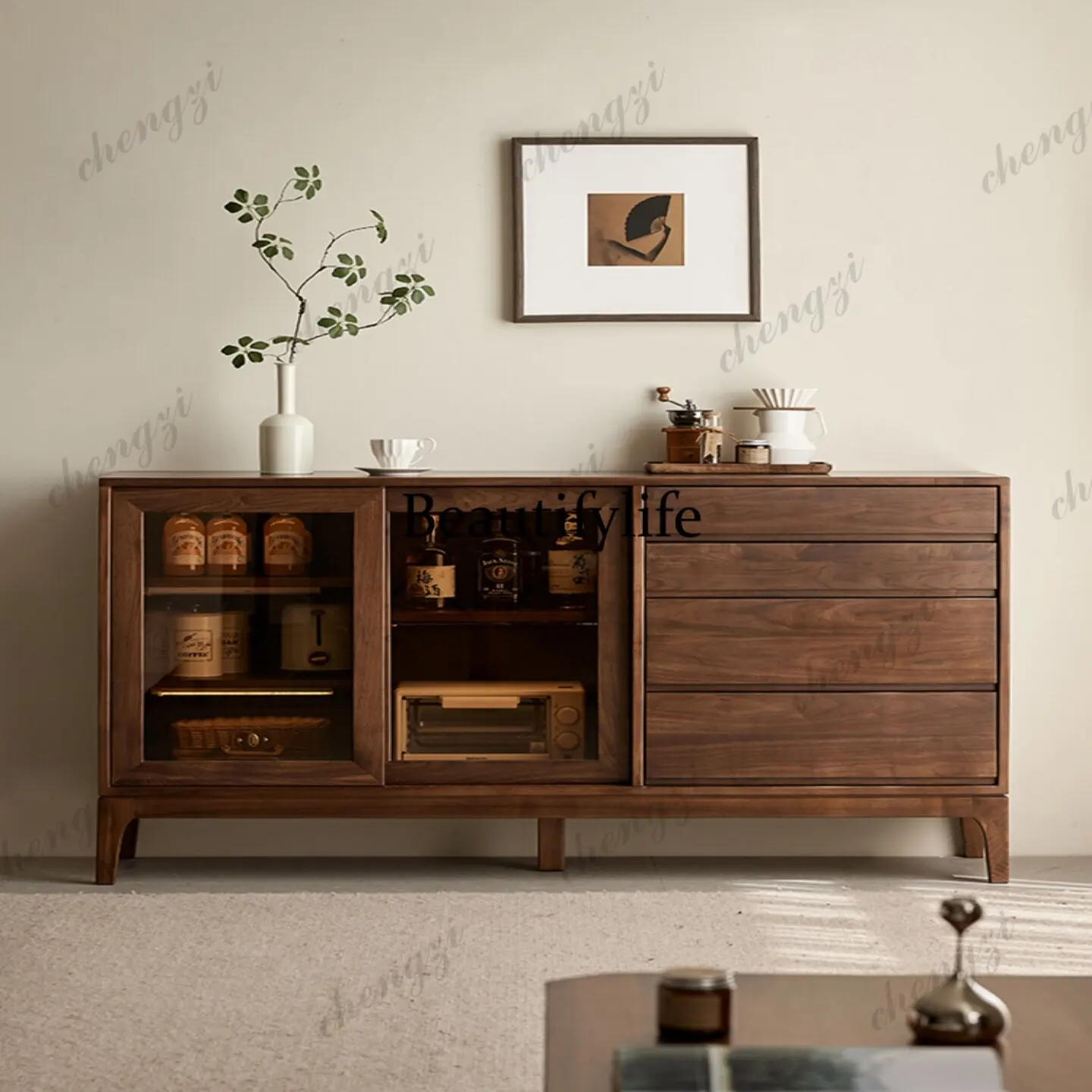 North American black walnut dining side cabinet Nordic solid wood home locker living room wall glass
