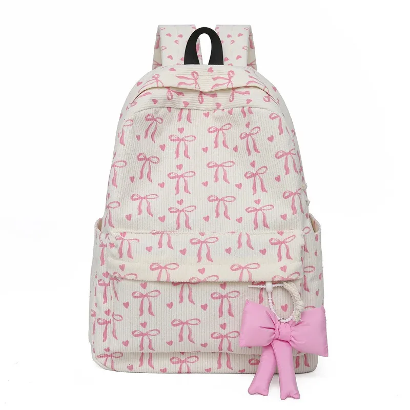 Corduroy Winter Backpack Teenage Girls Students Cute School Bags Bow Printed Charms Kawaii Daypack Casual Travel Rucksack
