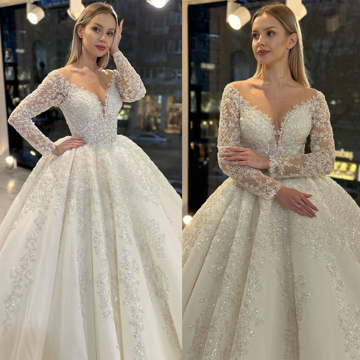 Vintage A-Line Wedding Dress For Women Sequins Appliques Bridal Gown O-Neck Long Sleeves Sweep Train Backless Skirt Custom