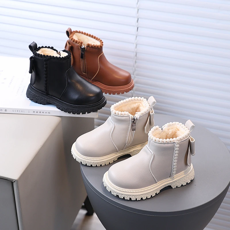 

Winter Girl's Boots Round Toe Zip Bowknot Plush Warm Kid's Flat Shoe Solid Colors Anti-slip Trendy All-match Children Shoe 4-6Y