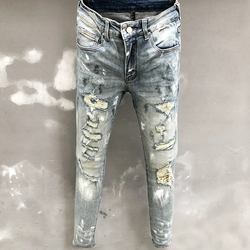 

Ripped Hole Design Stretchy Jean Men Splashing Ink Patchwork Jeans Men Hip Hop Style Trouser For Men Pantalon Vaqueros Hombre