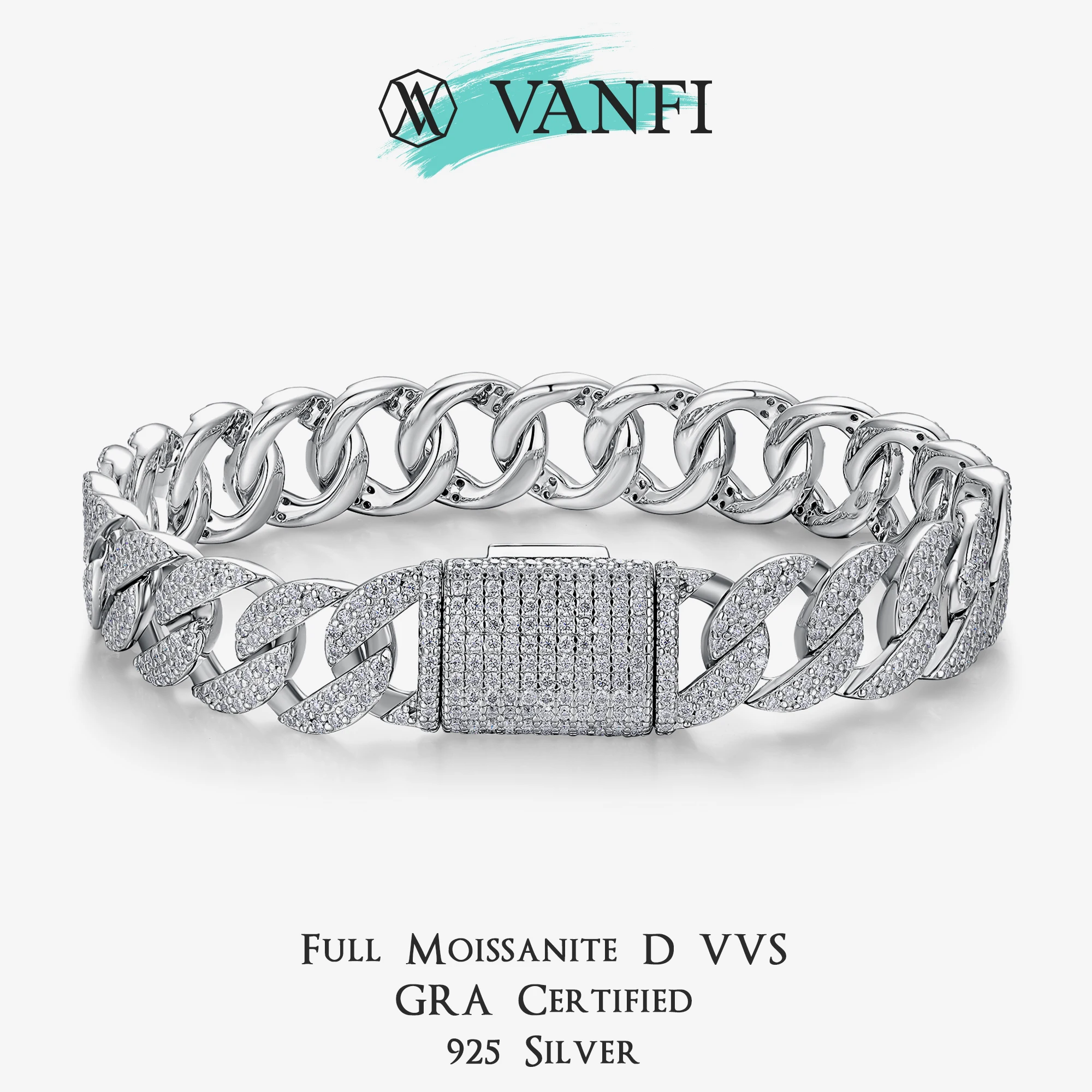 

Сертифицированный KFVANFI муассанит, кубинское звено, мужской браслет в стиле хип-хоп, стерлинговое серебро 925, белое золото, классическая цепочка, ювелирные изделия