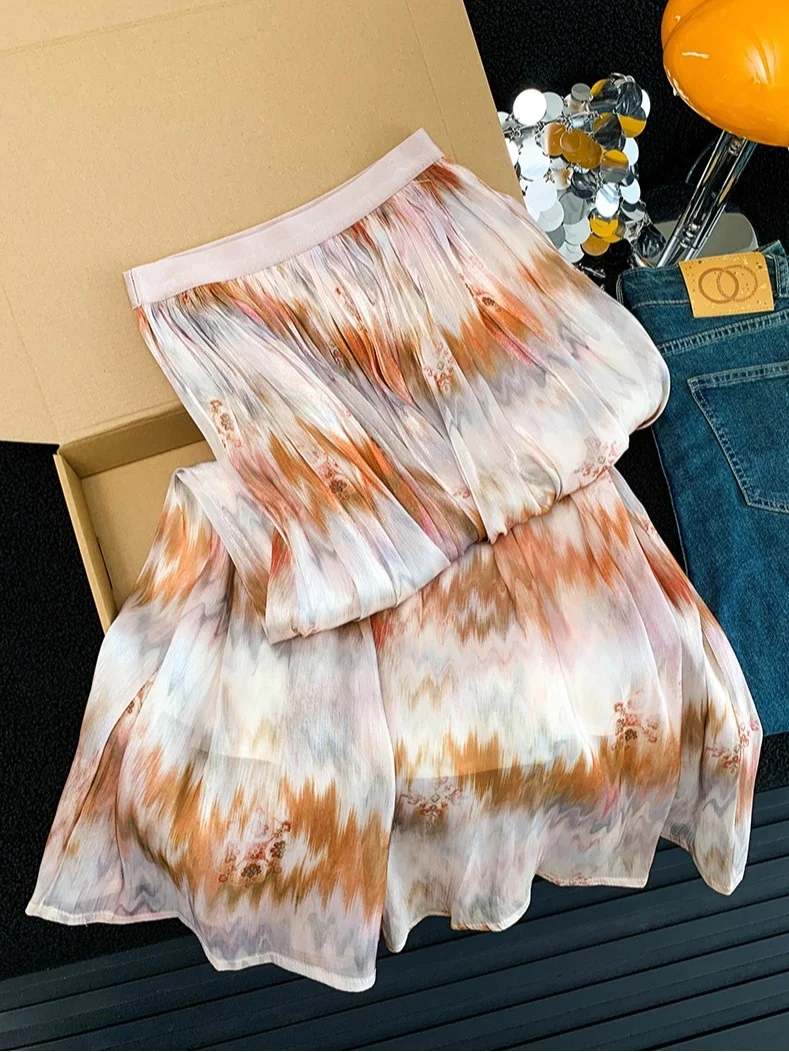 

High Waist A-Line Maxi Skirt with Floral Print Amber Glimmering Fabric Women's Summer Korean Style Holiday Elegant Skirt