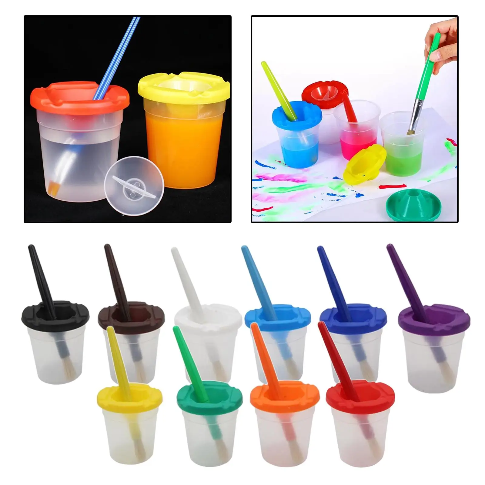 10 Pieces Anti Paint Cups with Lid And Color- Painting Brushes
