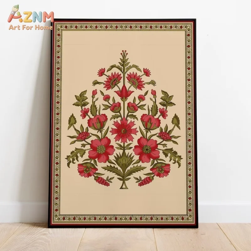 AZNM Unframed Canvas Print Indian Floral Folk Art Wall Art Traditional Red Flower Ethnic Home Decor Poster