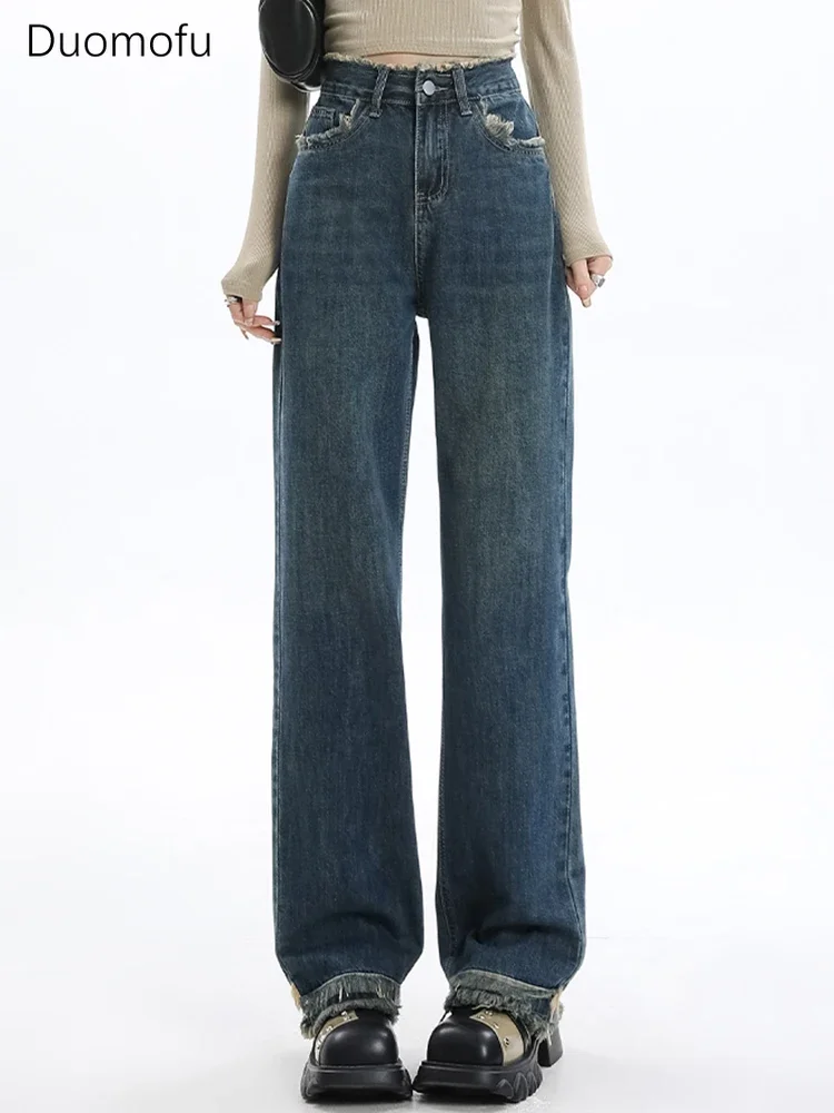 

Duomofu Spring High Waist Full Length Loose Straight Women Jeans American New Chic Zipper Button Fashion Distressed Female Jeans