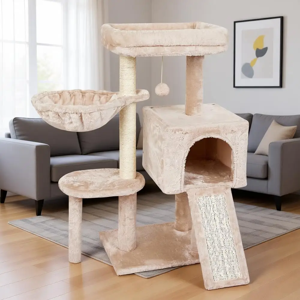

Милый домик-когтеточка для кошек в форме дерева, с сизалевыми столбиками для царапания, платформой для прыжков, мебелью и игровым центром, бежевый
