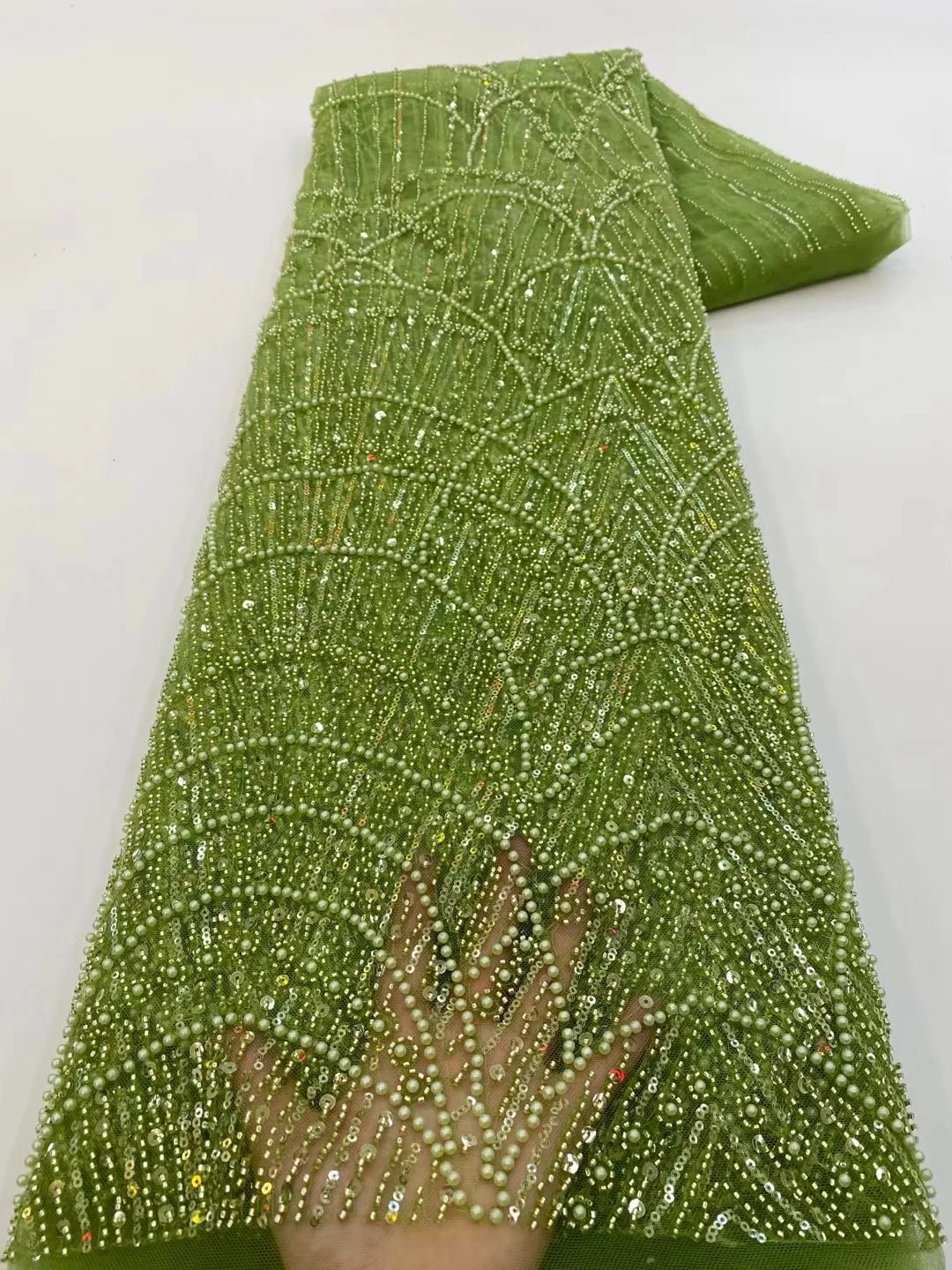 

Green Fashion Latest Africa Embroidered Tulle Net Fabric With Beads High Quality Luxury Sequins Net Lace Evening Party Dress