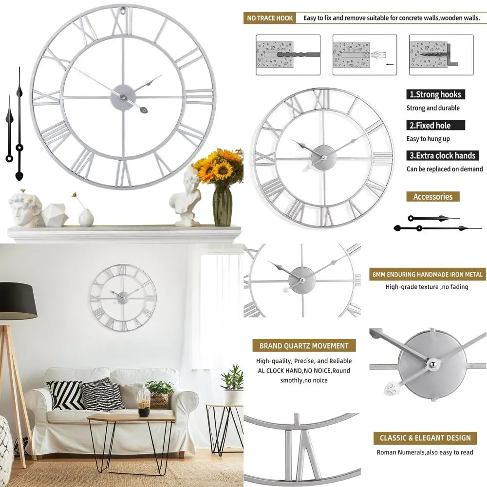 

24 Silent Metal Wall Clock, Vintage Modern Design for Living Room, Bedroom, Office, Farmhouse Style