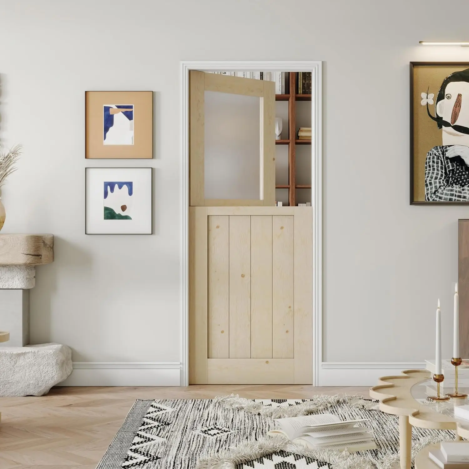 Interior Dutch Door, 32" x 80", Half Frosted Glass Split Single Door Slab, Natural Pine Wood(Not Include Door Hinges)