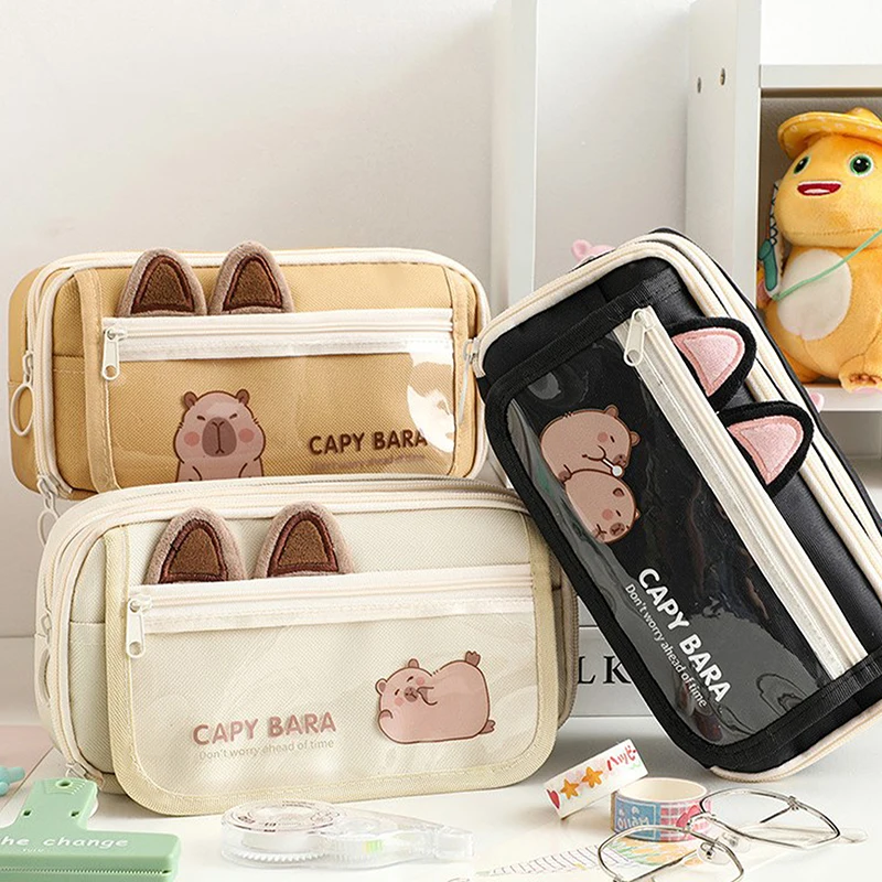 Cute Capybara Print Pencil Case Cartoon Multi-functional Pen Bag Large Capacity Multi Layer Zipper Stationery Storage Bag Gifts