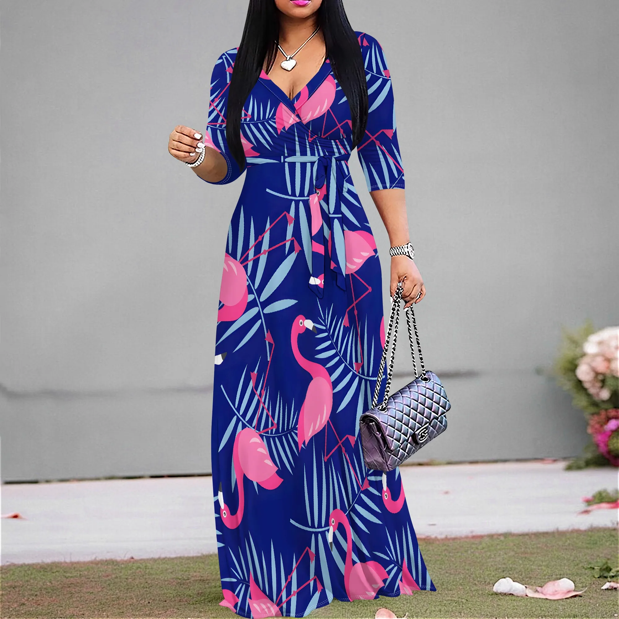 

Women's 3/4 Sleeve Sexy V Neck Loose Long Dress Fashion Printed Split Hem Casual Maxi Dress For Women With Pocket and Belt