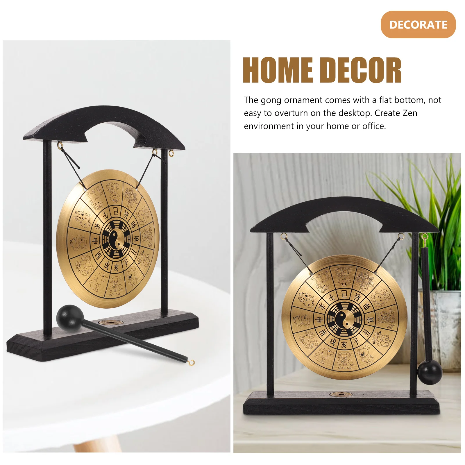 Gong Display Ornament Desktop Adornment Craft Chic Metal Ornaments Scene Layout Home Decor Wood Alloy