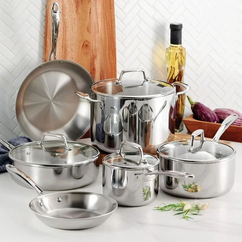 Tramontina Tri-Ply Clad Stainless Steel 10-Piece Cookware Set with Glass Lids, Pots and Pans Kitchen Set, Induction-Ready