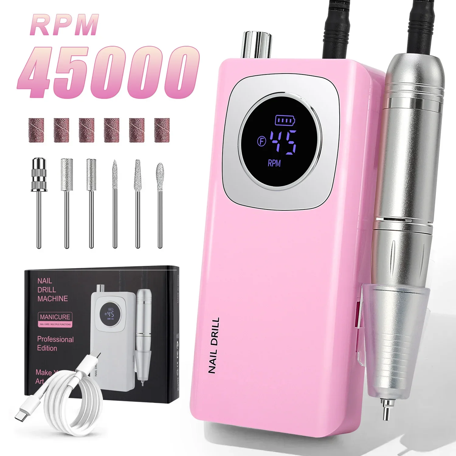 

45000RPM Nail Drill Manicure Machine Electric Drill For Nails Rechargeable Nail Sander for Gel Nails Polishing For Salon Drill