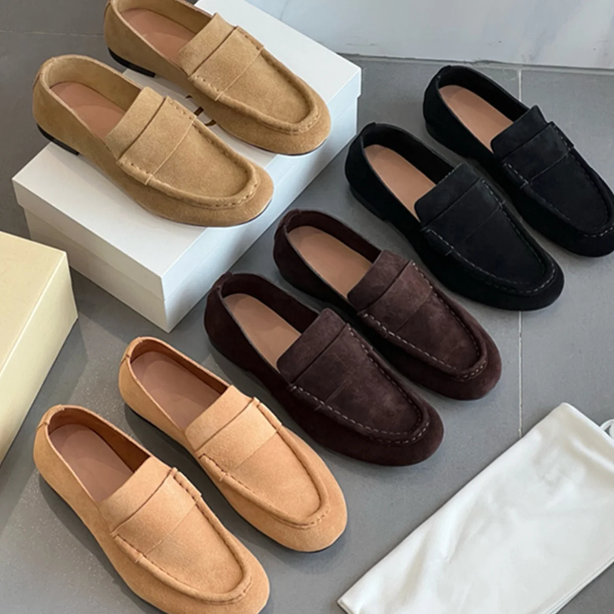 

Jenny&Dave Ladies Lazy Autumn Cowhide Leather Suede Flat Shoes Fashion Retro Square Toe Minimalist Slip On Loafers Shoes