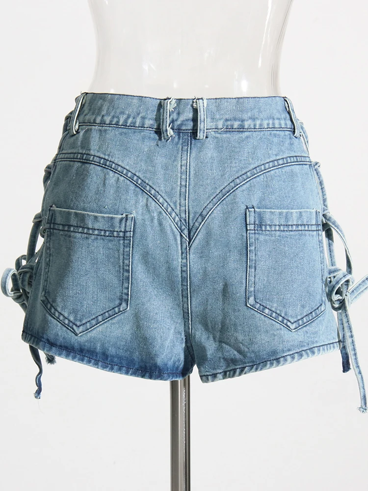 TWOTWINSTYLE Solid Streetwear Spliced Drawstring Short For Women High Waist Patchwork Pocket Designer Denim Shorts Female New