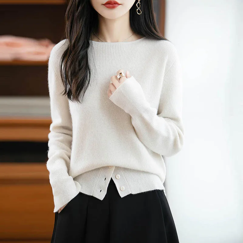 Женский свитер на осень-зиму, 100% мериносовый подол с плоским вырезом и разрезными рукавами-бабочками, кашемировый мягкий теплый свитер, корейские модные топы