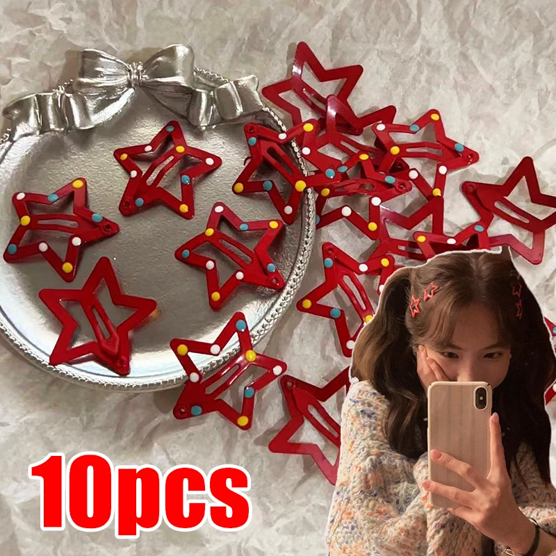 10Pcs Red Wave Point Star BB Clips Hairpin Women's Side Bang Barrettes for Girls Fashion Five-pointed Stars Hair Clips Headwear