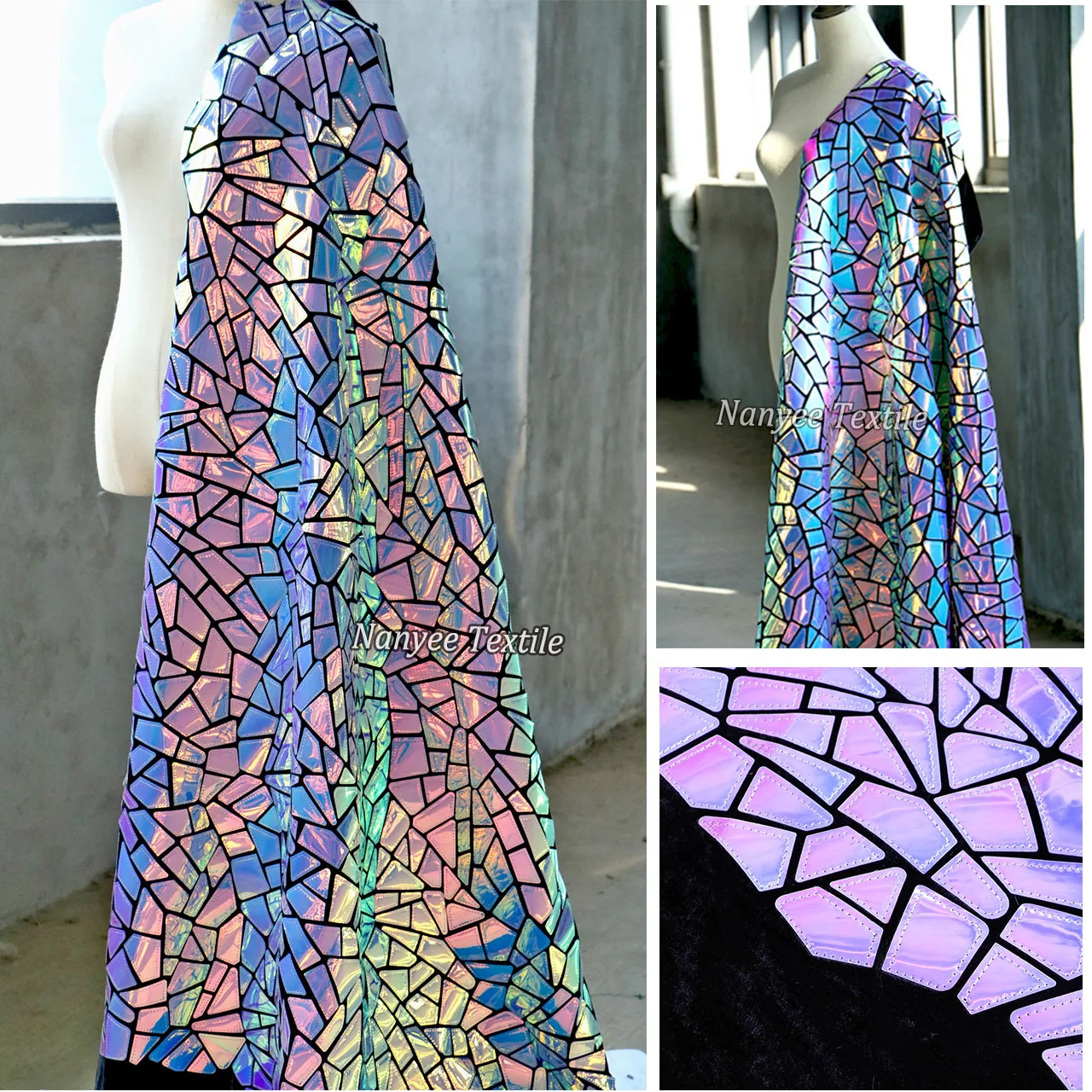 Laser Cut Embroidery Sequin Velvet Fabric Extra Large Geometric Iridescent Polygon Sequins Velour Purple Silver