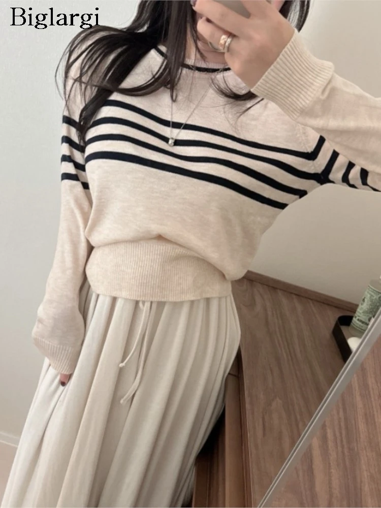 

Вязаный осенне-зимний полосатый пуловер с принтом, женский свитер в корейском стиле, модные женские свитера, повседневный свободный женский свитер