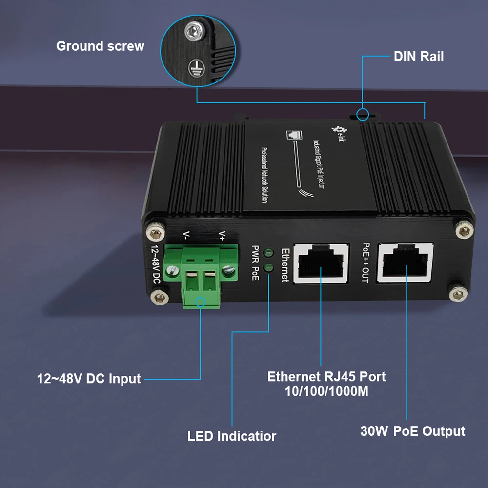 Imagem -02 - Injetor Industrial Gigabit Poe Injetor Ethernet Adaptador Poe Ieee802.3af em Poder bt 10 Mbps 100 Mbps 1000mbps 30w 60w 95w