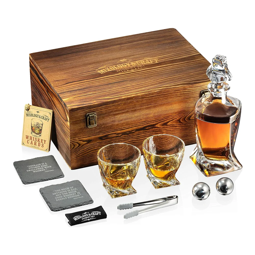 Glass Whiskey Stones Set Two 10oz Glasses With 2 Stainless Steel Balls Decanter And Wooden Box Gifts For Men Birthday Ideas﻿