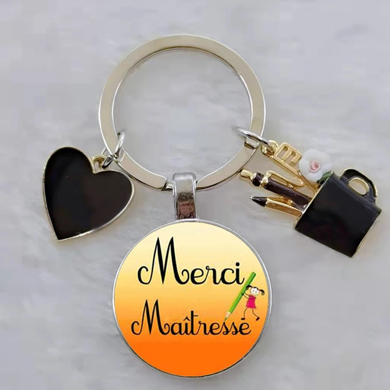 merci maitresse french letter word teacher\'s day gift keychain, enamel pen holder love pendant DIY keychain gift