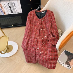 Plus-size women spring and fall leisure commute loose and comfortable set red plaid button long-sleeved coat long sundress large