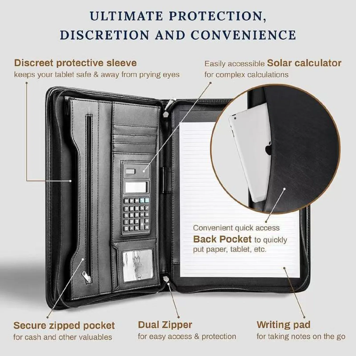Makeasy portfólio de negócios com zíper padfólio mais inteligente capa protetora tablet apresentação calculadora cartão armazenamento bloco de notas