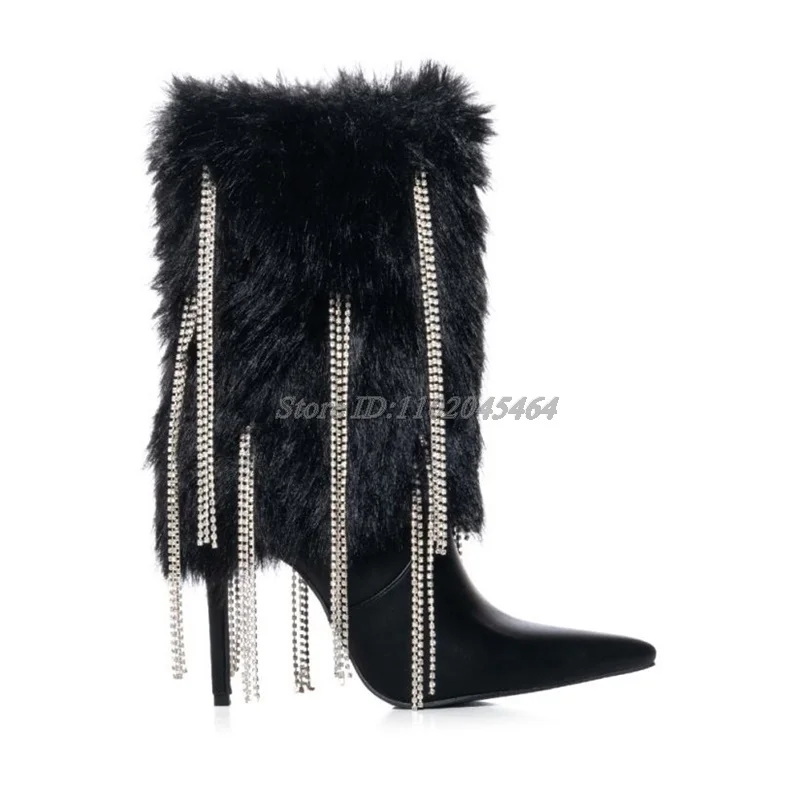 Black Fur Crystal Tassels Leather Ankle Boots Women's Pointed Toe High Heels Sexy Booties Big Size Luxury Designer Party Shoes