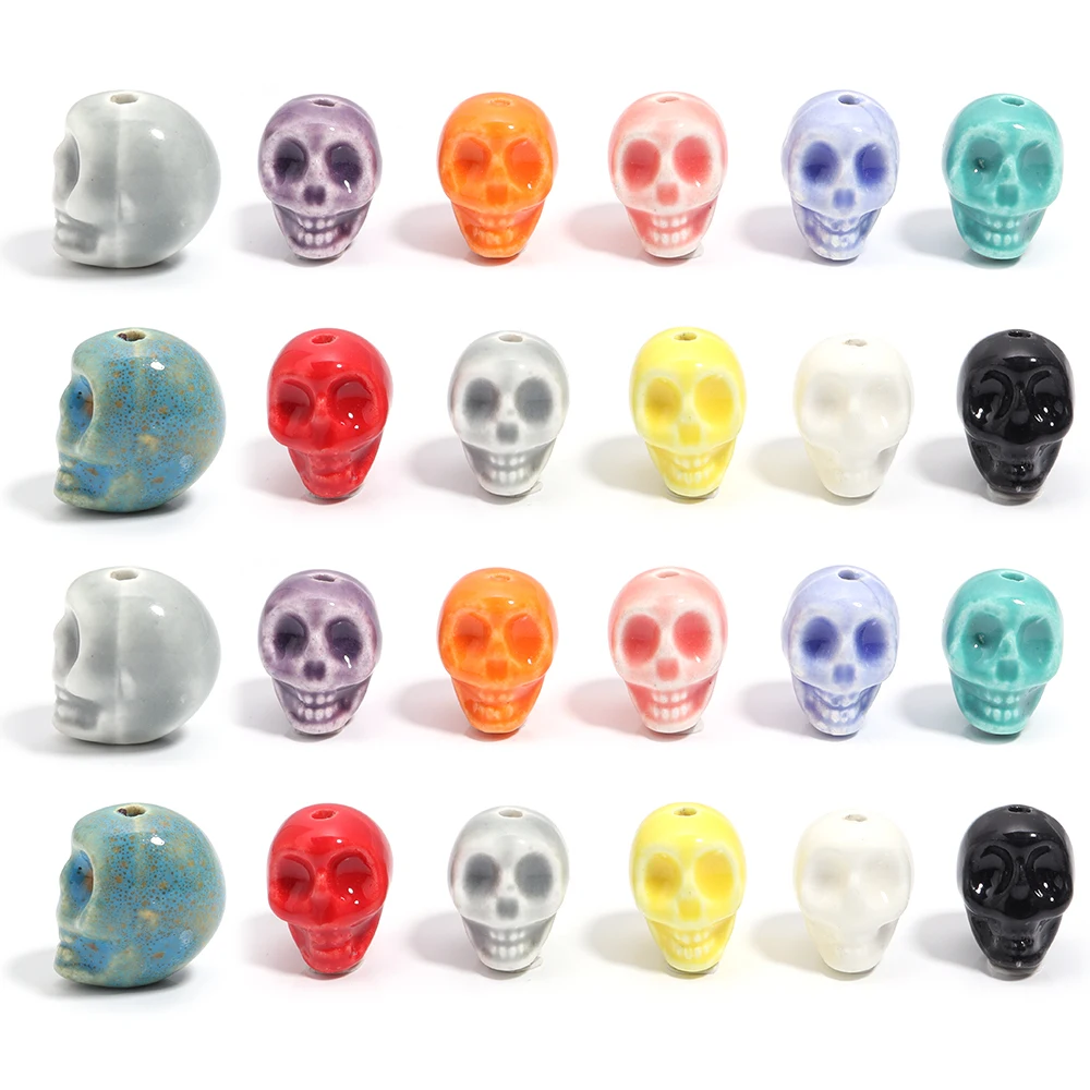 5 Stück/Set, gemischte Farben, Totenkopf-Form, Keramikperlen, lose Abstandsperlen aus Porzellan für die Schmuckherstellung, DIY-Armband-Zubehör – Detail 5