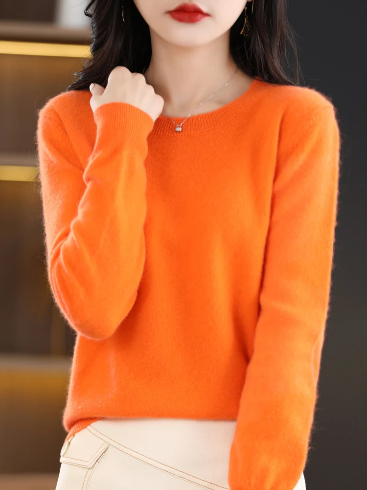 Autumn Winter Women O-Neck Pullover 100% Merino Wool Sweater Soft  Long Sleeve Cashmere Knitwear Solid Basic Style Korean Tops