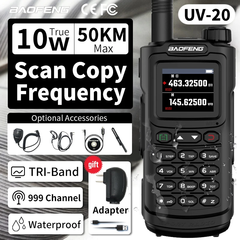 Baofeng UV-20 Walkie Talkie Copy Frequency Powerful Type-C Long Range Waterproof Ham Radio Two Way UHF VHF Tri-Band Portable