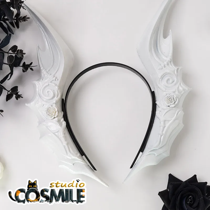 

Lolita Dark Punk Gothic Bride Devil Akuma Halloween Cosplay White Black Horns 3D printing Cosplay Prop Hair Accessory GB Sa