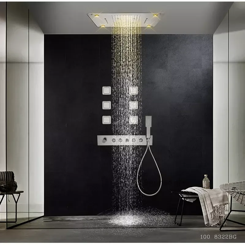 High Quality LED Thermostatic High Flow Shower Set Concealed Ceiling Big Rain Waterfall Shower Head Set Body