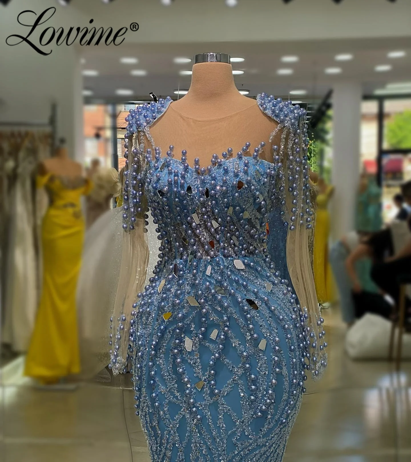 2023 Aso Ebi Blue Long Sleeve Beading Evening Gown Formal Occasion Party Dresses Crystal Sequins Mermaid Engagement Dress Custom