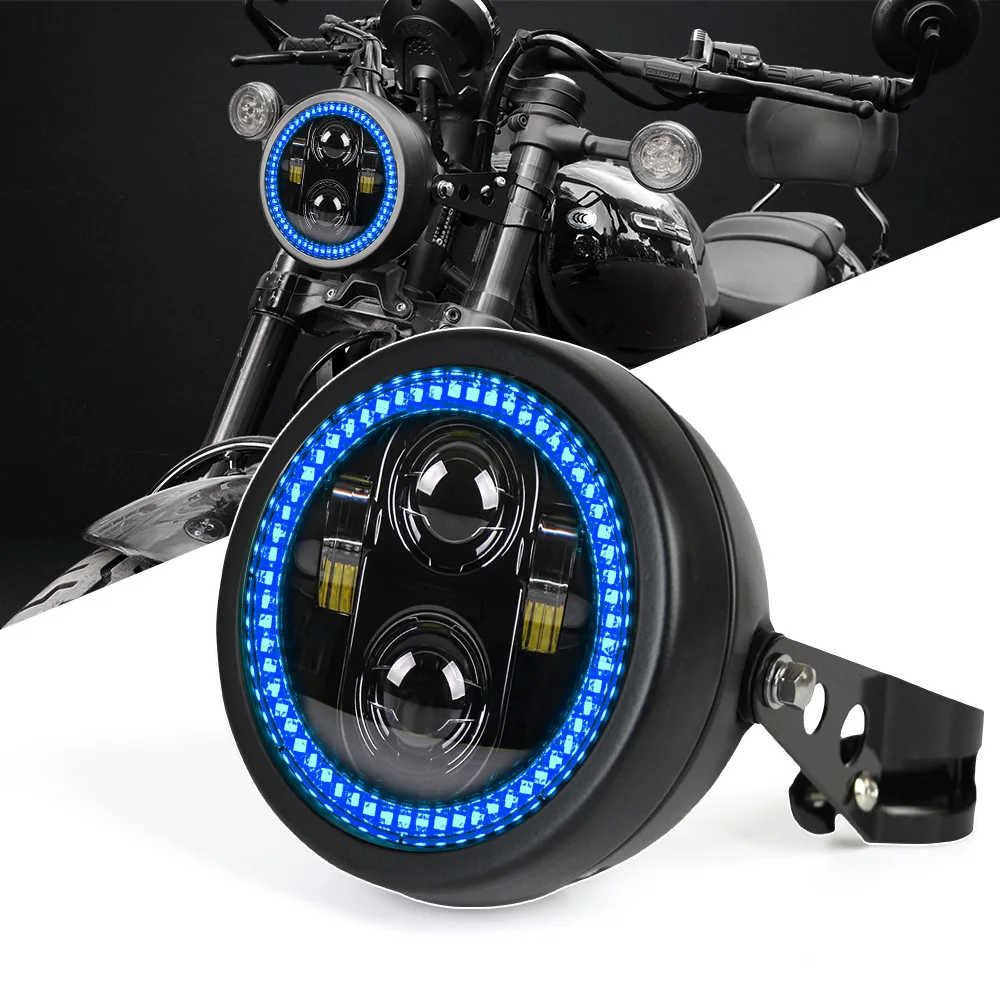 

5.75" Motorcycle LED Headlight with Black Housing & Bracket, Smoked Lens & Blue Halo DRL, Universal Fit for Harley & Custom Bike