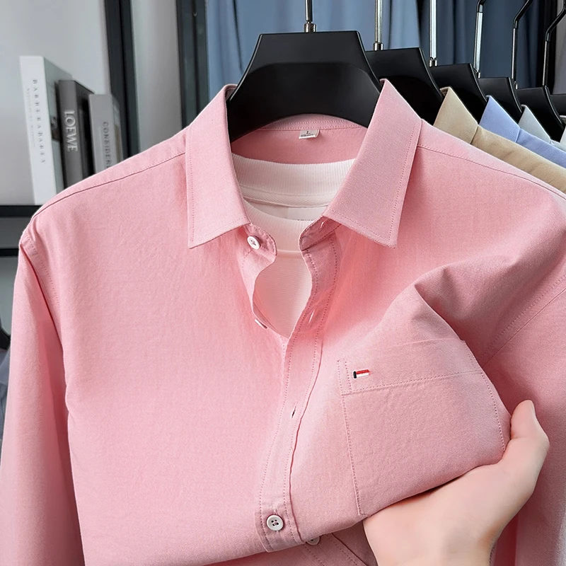 High end 100% cotton long sleeve shirt fashion brand men's new embroidered pocket soft comfort casual business solid color top