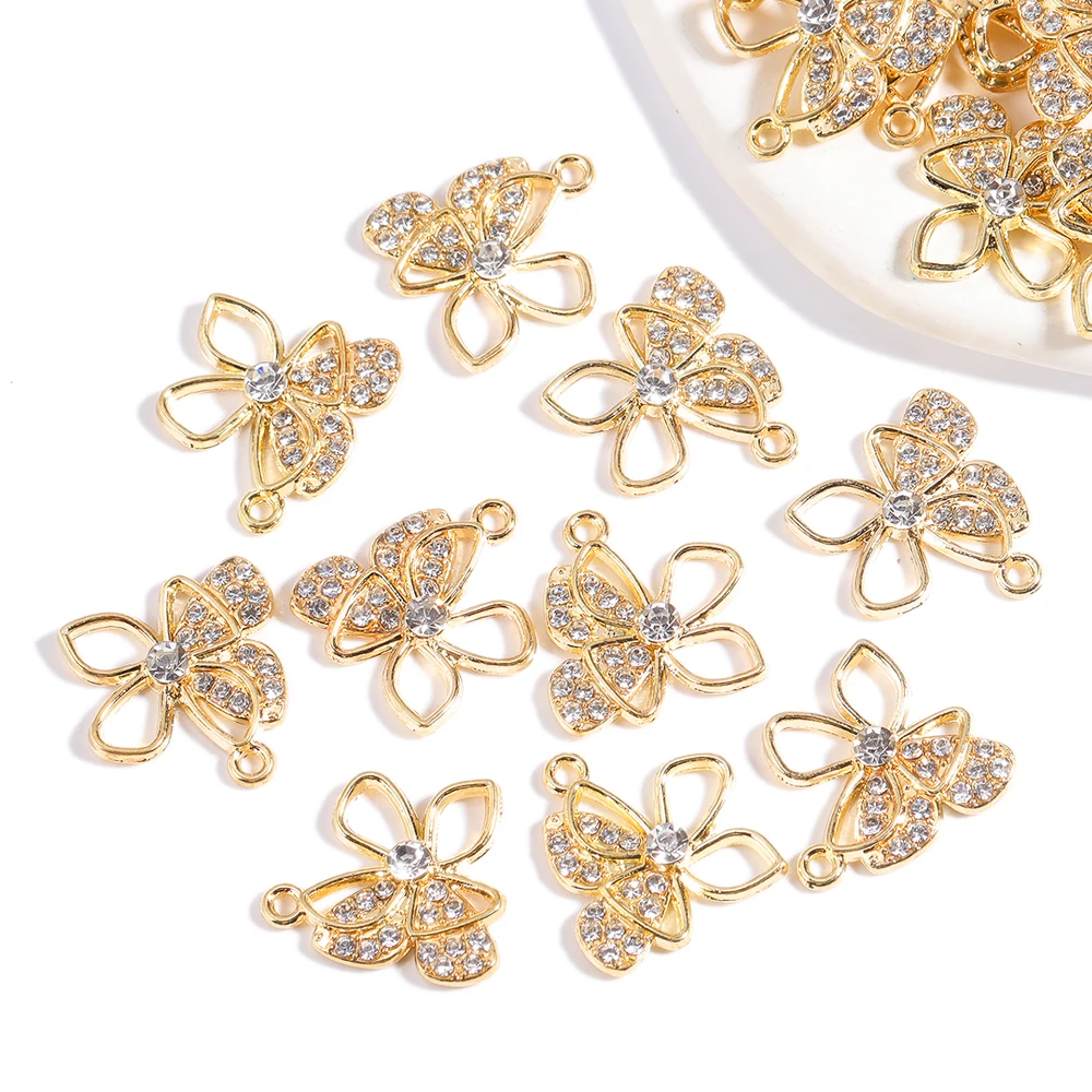 10Pcs/Lot Mixed Style Delicate Alloy Rhinestone Butterfly Pendant Gold Plated For DIY Earrings Necklace Jewelry Making Charms