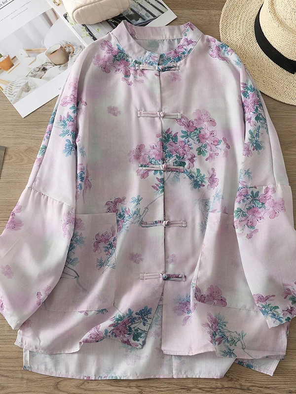 

Korean Japanese Printed irt Women's plus Size Button up Digital Printing Casual Loose Fit Long Sve Top Vintage Design