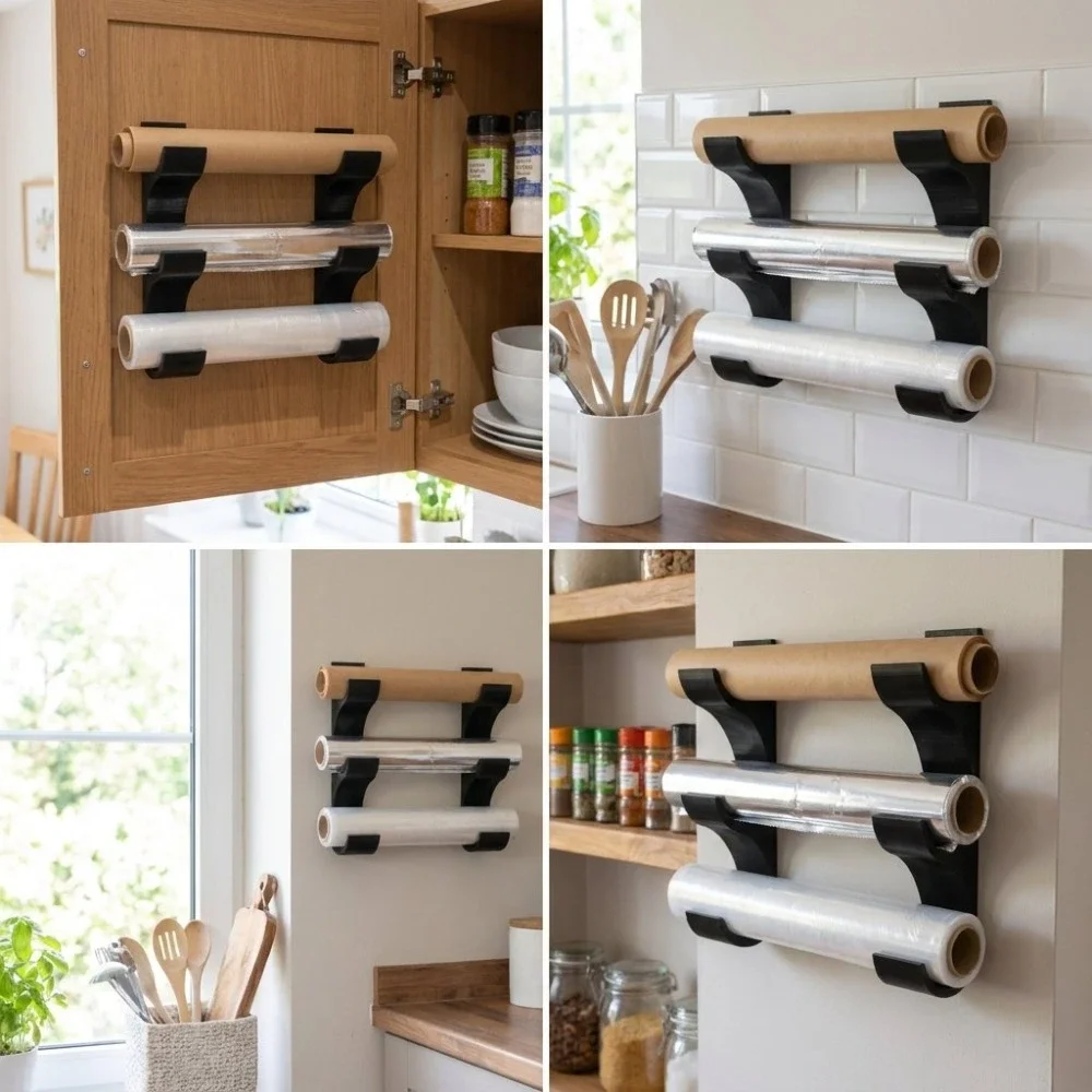 Zweiteiliges Set Lebensmittelfolienhalter, geeignet für 3 Rollen Küchenpapier, Frischhaltefolie und Aluminiumfolie. – Detail 5