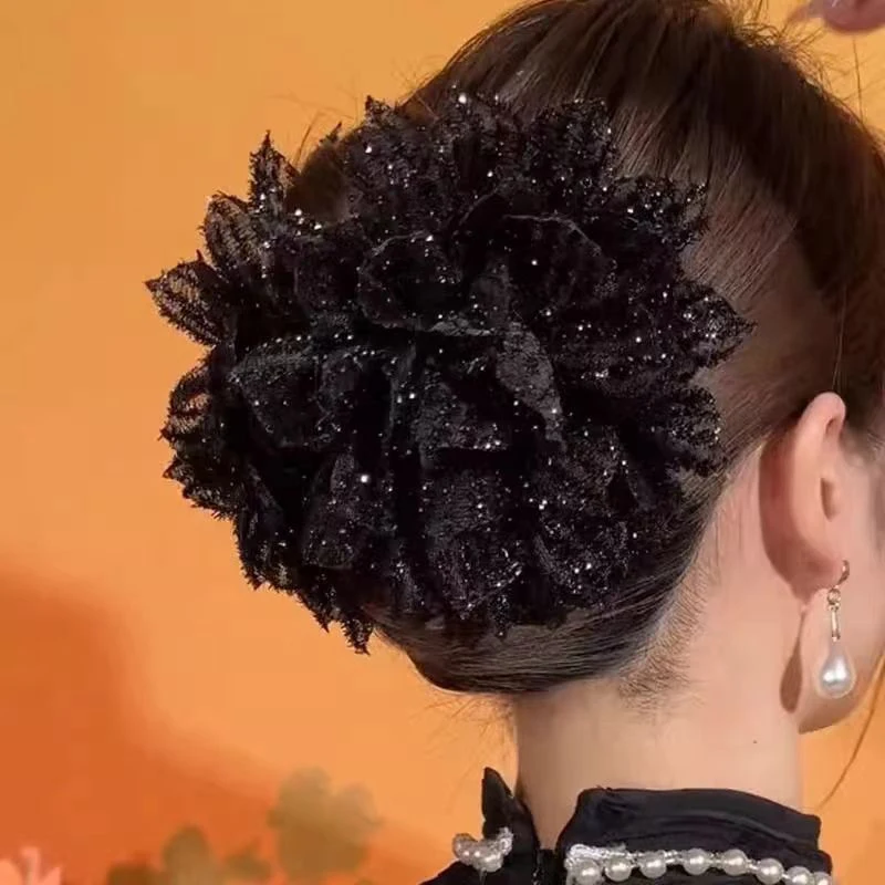 Pince à cheveux fleur en maille noire pour femme, queue de cheval requin, coiffure, tempérament, griffe de cheveux, vêtements de sauna, accessoires pour cheveux, 1 pièce